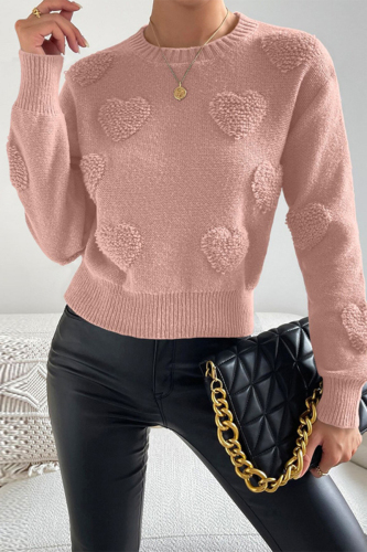 Pink Casual Heart Shaped Weave Round Neck Long Sleeve Fall Winter Tops Sweaters