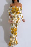 Grey Floral Fishtail Print Off Shoulder Long Flutter Sleeve Mermaid Hem Vacation Boho Style Maxi Dresse
