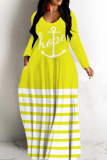 Green Casual Stripe Letter Print Long Sleeve V Neck Floor Length Loose Vacation Baggy Loose Maxi Dress