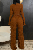 Brown Casual U Neck Long Sleeve T-shirt and Wide Leg Pants 3D Knitting Two Pieces Matching Sets