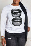 White Brown Casual Graphic Hand Lip Print Round Neck Long Sleeve T-Shirts Tops