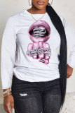 White Brown Casual Graphic Hand Lip Print Round Neck Long Sleeve T-Shirts Tops