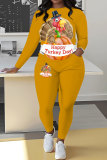 Earthy Yellow Casual Turkey Print Round Neck Long Sleeve Sweatshirt and Pencil Sweatpants Fall Winter Two Pieces Sweatsuits Sets