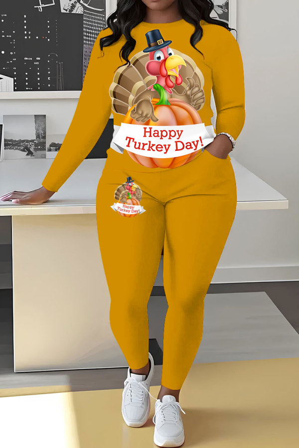 Earthy Yellow Casual Turkey Print Round Neck Long Sleeve Sweatshirt and Pencil Sweatpants Fall Winter Two Pieces Sweatsuits Sets