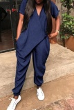 Blue Vacation Loose Casual Lace Up V Neck Short Sleeve Harem Jumpsuits