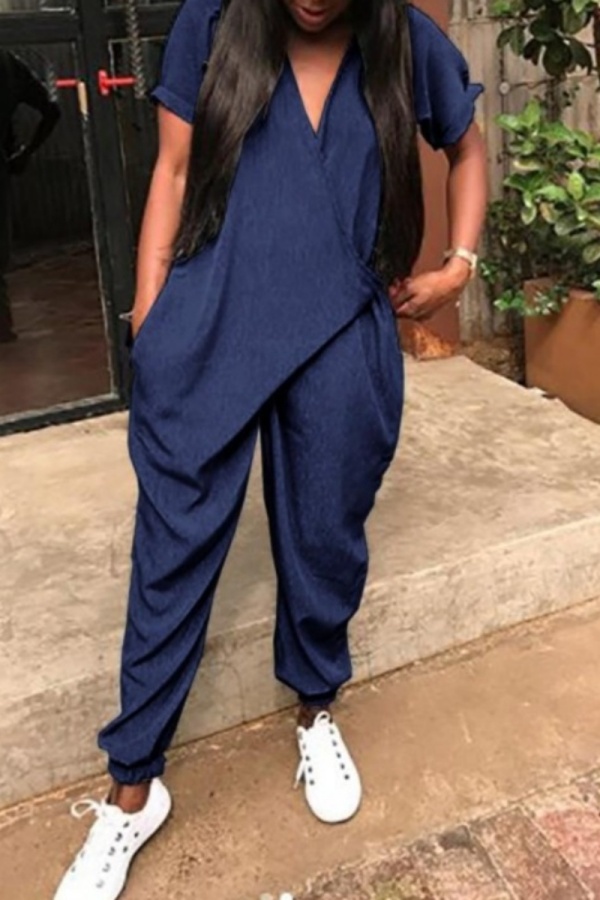 Blue Vacation Loose Casual Lace Up V Neck Short Sleeve Harem Jumpsuits