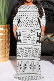 Green Purple Geometric Bohemian Print O Neck 3/4 Sleeve Long Casual Plus Size Vacation Maxi Dresses