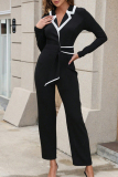 Black Office Lady Formal Party Club Contrast Belted Turn-back Collar V Neck Long Sleeve Straight Leg Skinny Jumpsuits
