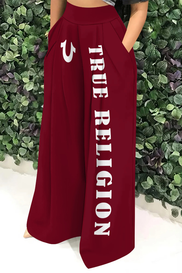 Dark Red Casual Street Letter Print Pocket Loose High Waist Wide Leg Pants Bottoms