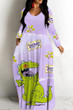 Lake Green Casual Cartoon Print Long Sleeve V Neck Floor Length Loose Vacation Baggy Loose Maxi Dress