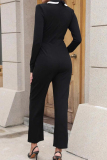 Black Office Lady Formal Party Club Contrast Belted Turn-back Collar V Neck Long Sleeve Straight Leg Skinny Jumpsuits