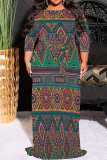 Green Purple Geometric Bohemian Print O Neck 3/4 Sleeve Long Casual Plus Size Vacation Maxi Dresses