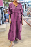 Dark Gray Bohemian Taupe V Neck Half Sleeve Oversized Fit Button Detai Casual Lounge A Line Maxi Dress