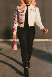 Pink Casual Graphic Print Striped Trim Button up Long Sleeve Varsity Jacket Outerwear