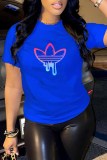 Blue Casual Graphic Print Round Neck Short Sleeve T-Shirts Tops
