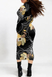 Black White Floral Print Half A Turtleneck Long Sleeve Casual Street Wrap Pencil Midi Dress