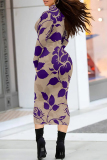 Black White Floral Print Half A Turtleneck Long Sleeve Casual Street Wrap Pencil Midi Dress