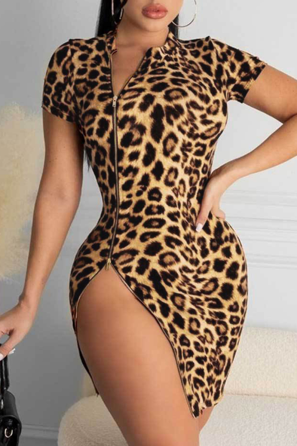 Leopard Print Zipper Oblique Collar Short Sleeve Side Slit Party Clubwear Bodycon Mini Dress