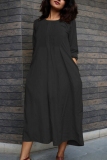 Yellow Casual Pocket O Neck 3/4 Sleeve Long Cotton And Linen Vacation A Line Maxi Dresses