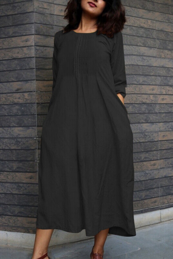 Yellow Casual Pocket O Neck 3/4 Sleeve Long Cotton And Linen Vacation A Line Maxi Dresses