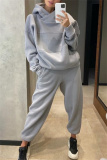 Grey Sportwear Loose Casual Hooded Long Sleeve Sweatshirt and Pencil Sweatpants Fall Winter Two Pieces Sweatsuits Sets