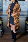 Yellow Casual Leopard Print Long Sleeve Fall Winter Mid-length Knitted Sweater Cardigan Coats Outerwear