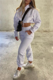 White Sportwear Casual Letter Print Hooded Long Sleeve Drawstring Hem Sweatshirt and Sweatpants Fall Winter Two Pieces Sweatsuits Sets