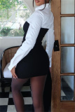 Black Color Block Turndown Collar Long Sleeve Asymmetrical Hem Detail Evening Parties Bodycon Mini Shirt Dress