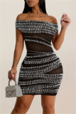 Apricot Hot Drilling Sleeveless See-Through Off Shoulder Wrapped Skirt Bodycon Glitter Prom Maxi Dress