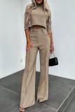 Pink Office Lady Business Casual Half A Turtleneck Three Quarter Sleeve Tops and Wide Leg Pants Two Pieces Sets