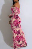 Pink Floral Print Off Shoulder Long Flutter Sleeve Mermaid Hem Vacation Boho Style Maxi Dress