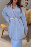 Blue Casual With Belt Weave Turndown Collar Long Sleeve Fall Winter Knitted Sweater Cardigans Coats Outerwear