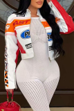 White Casual Letters Contrast Zipper Collar Long Sleeve Fall Winter Short Motorcycle Jackets Outerwear