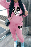 Grey Sportwear Casual Break Heart Print Hooded Long Sleeve Sweatshirt and Pencil Sweatpants Fall Winter Two Pieces Sweatsuits Sets
