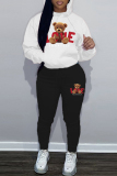 White Blue Sportwear Casual Letter Bear Print Hooded Long Sleeve Sweatshirt and Pencil Sweatpants Fall Winter Two Pieces Sweatsuits Sets