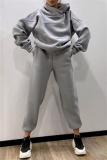 Grey Sportwear Loose Casual Hooded Long Sleeve Sweatshirt and Pencil Sweatpants Fall Winter Two Pieces Sweatsuits Sets