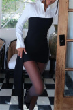 Black Color Block Turndown Collar Long Sleeve Asymmetrical Hem Detail Evening Parties Bodycon Mini Shirt Dress