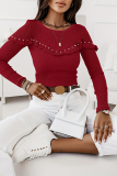 Black Skinny Casual Ruffle Pearls Decor Round Neck Long Sleeve Fall Winter Tops Blouses