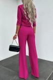 Pink Office Lady Business Casual Half A Turtleneck Three Quarter Sleeve Tops and Wide Leg Pants Two Pieces Sets
