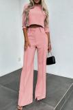 Pink Office Lady Business Casual Half A Turtleneck Three Quarter Sleeve Tops and Wide Leg Pants Two Pieces Sets
