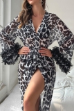Brown Gauze Loungewear Morning Gown Sexy Leopard Print Lace Up Belted Long Sleeve Sleepwear Pajamas