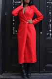 Red Casual Button up Turn-back Collar Fall Winter Long Blazer Coats Outerwear