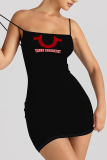 Black Letter Print U Neck Sleeveless Bodycon Mini Slip Dresses