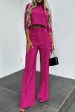 Pink Office Lady Business Casual Half A Turtleneck Three Quarter Sleeve Tops and Wide Leg Pants Two Pieces Sets