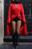 Red Casual Button up Turn-back Collar Fall Winter Long Blazer Coats Outerwear