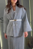 Blue Casual With Belt Weave Turndown Collar Long Sleeve Fall Winter Knitted Sweater Cardigans Coats Outerwear