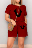 Red Casual Letters Draw String Waist With Pocket Round Neck Short Sleeve Loose Rompers
