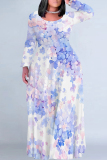 White Casual Geometric Flowers Print Pocket V Neck Long Sleeve Floor Length Maxi Dresses