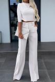 Pink Office Lady Business Casual Half A Turtleneck Three Quarter Sleeve Tops and Wide Leg Pants Two Pieces Sets