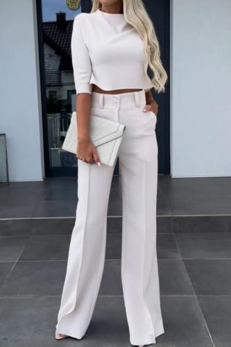 Pink Office Lady Business Casual Half A Turtleneck Three Quarter Sleeve Tops and Wide Leg Pants Two Pieces Sets